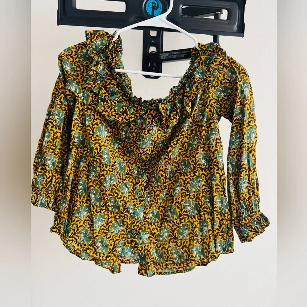 J.CREW Off The Shoulder Boho Blouse Mustard Green Ruffle Long Sleeve Shirt 6❤️